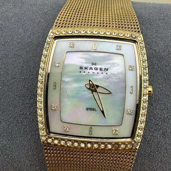 Vintage Skagen Gold Cushion Shape Watch Crystal Bezel White MOP Dial main image 8